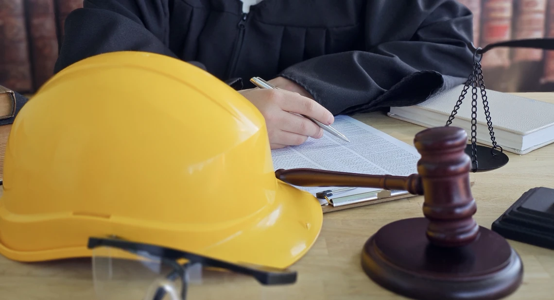 Judge writing with hard hat and gavel
